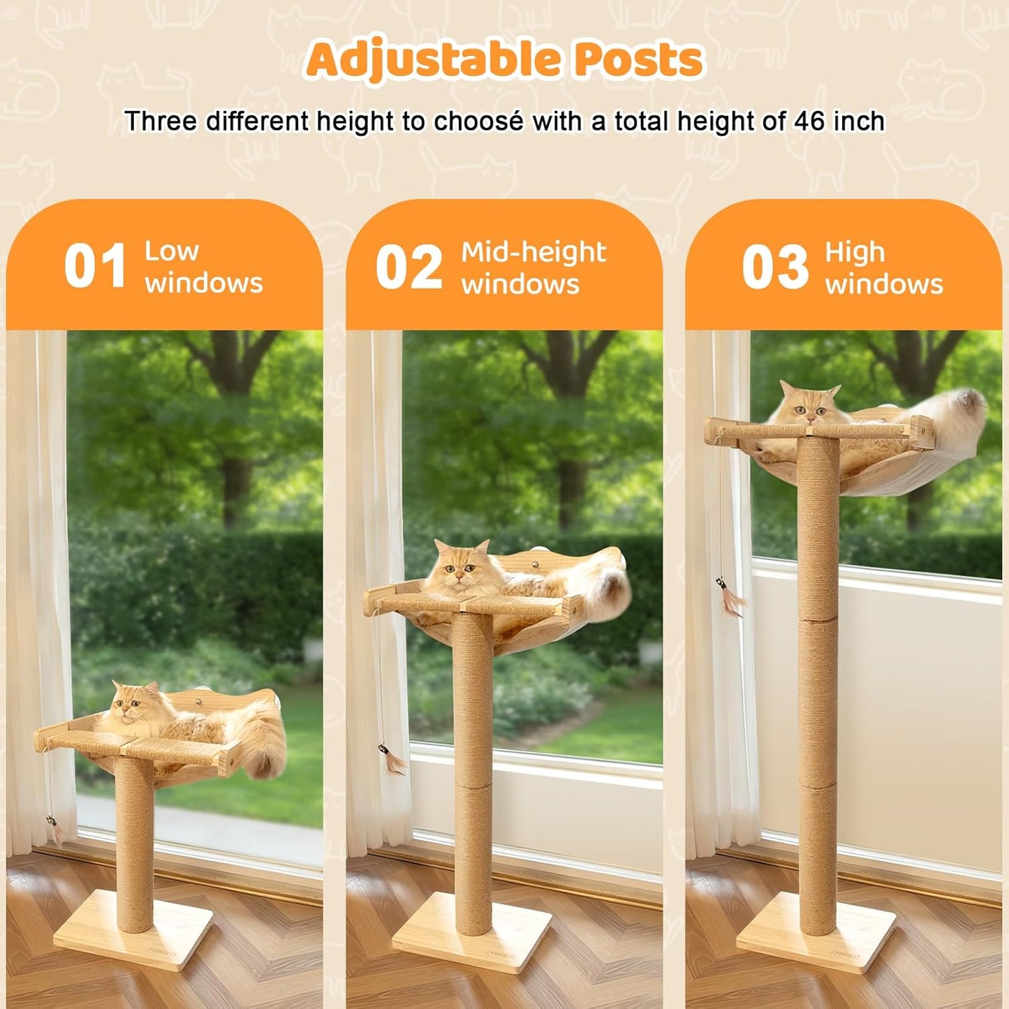 Cat Window Perch with 3 Adjustable Sisal Scratching Posts, Drill-Free Suction Cups, 45 lbs Capacity