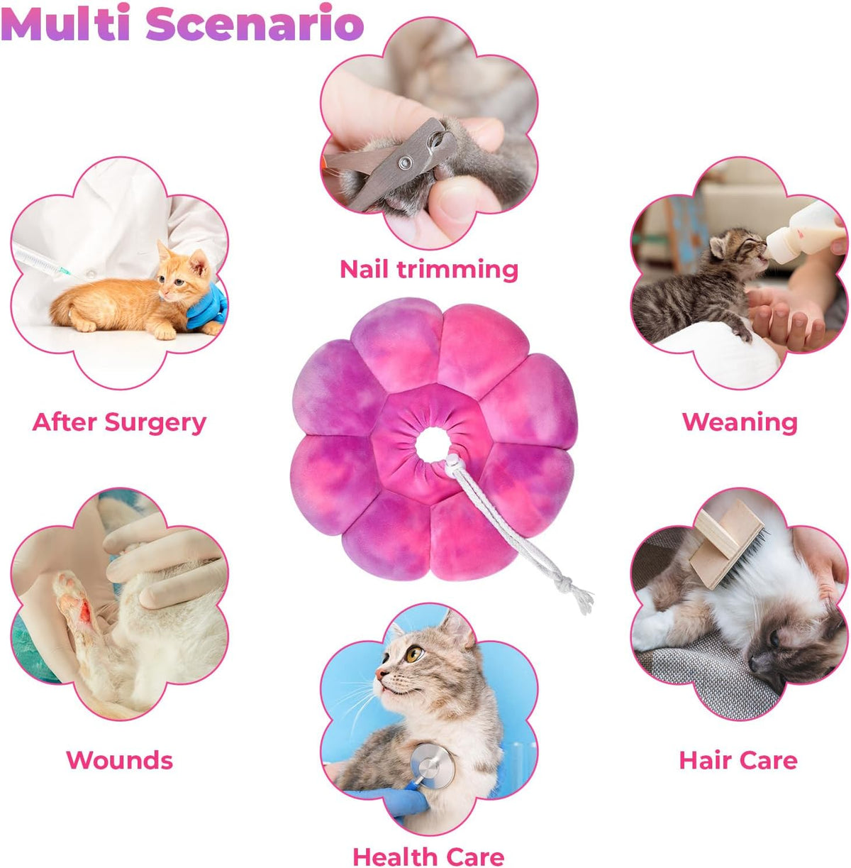Flower Cat Cone, Uadonile Adjustable Cat Cone Collar, Soft Dog Elizabethan Collar Recovery E Collar After Surgery, Recovery E-Collar for Kittens/Puppies and Cats Recovery(Tie-dye Rose Purple, S)