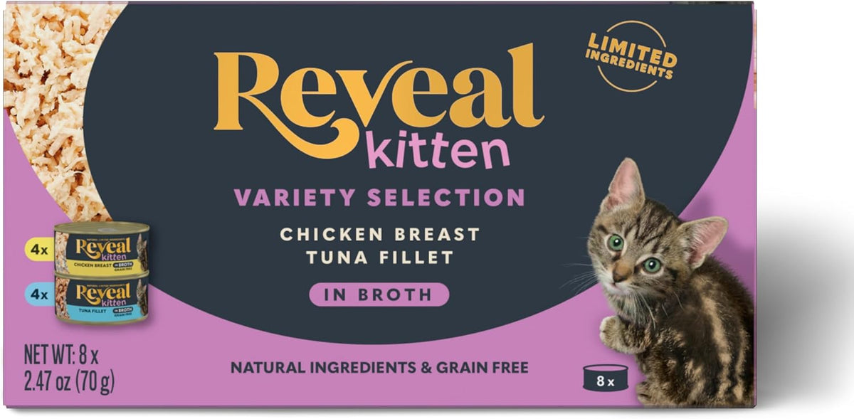 Reveal Natural Wet Kitten Food, Limited and Natural Ingredients, Grain Free, High Protein with No Artificial Additives, Chicken & Tuna Variety in Broth (8 x 2.47 oz Cans)