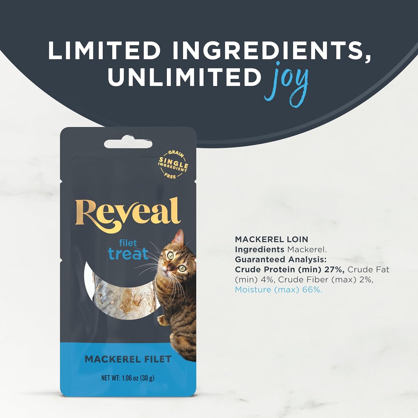 Reveal Natural Whole Protein Fillet Cat Treats, Single Ingredient, Grain Free,Whole Mackerel Loin (12 x 1.06 oz Loin)