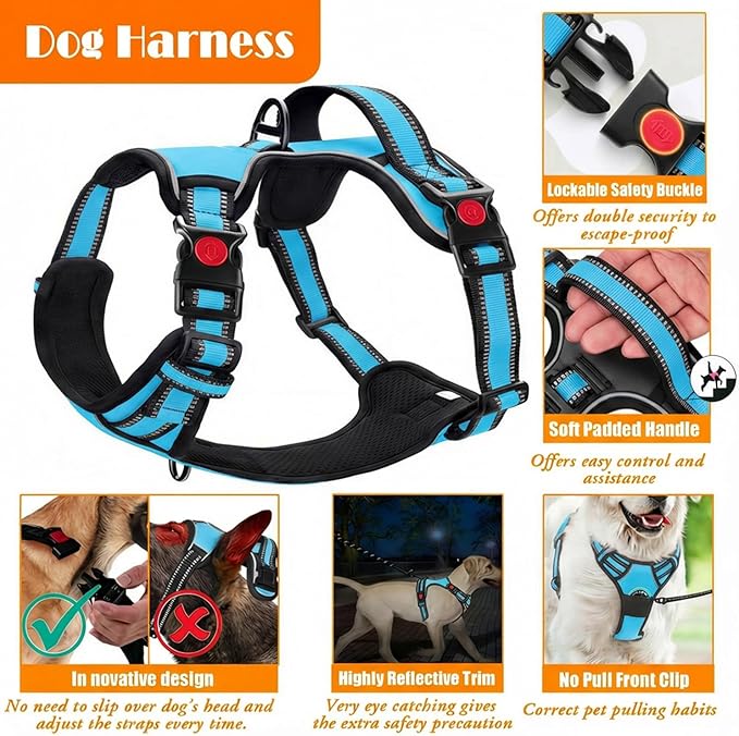 No Pull Dog Harness, Collar & Leash Set with Retractable Dog Seat Belt, Fits Small to Large Dogs(Blue-M)