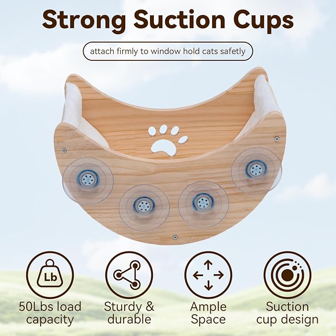 Cat Window Perch Hammock, Wooden Moon Cat Shelves with Strong Suction Cups