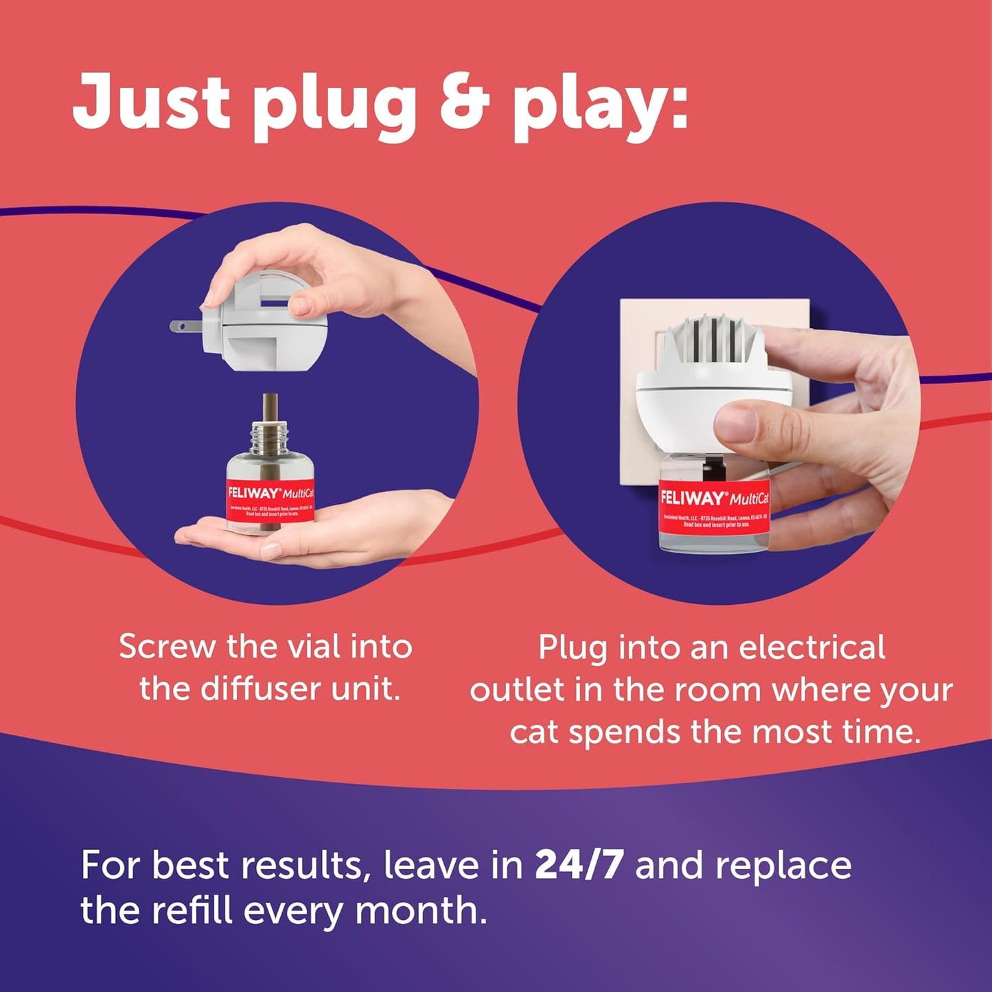 FELIWAY MultiCat 30 Day Cat Calming Plug In Pheromone Diffuser Starter Kit, 48ml