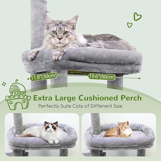 Globlazer Cat Tower for Indoor Adult Cats, 50-inch Heavy Duty Cat Tree House for Big Cats with Extra-Large Padded Platform, Sisal Scratching Board, 2 Large Condos, F50, Light Grey