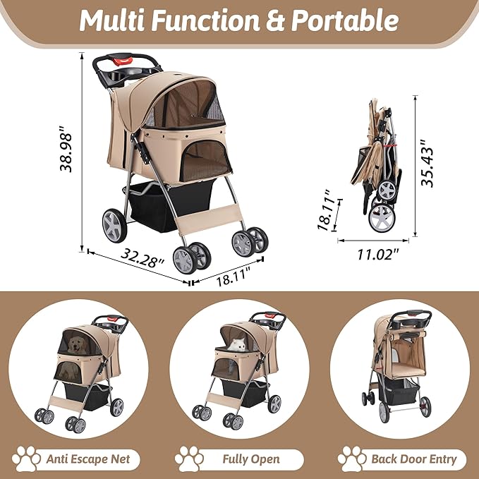 Pet Stroller, 4 Wheels Pet Strolling Cart for Medium/Small Dogs and Cats, Khaki