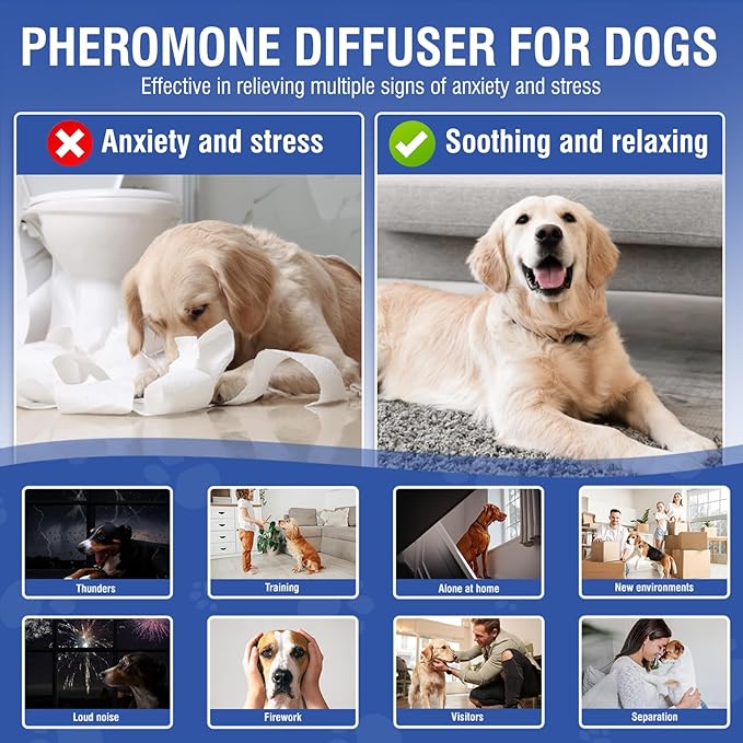 Dog Pheromone Calming Diffuser 4 In 1 Appeasing Pet Pheromones Diffuser to Calm Kit (Plug in+ 3 Pack 48ml Refill)