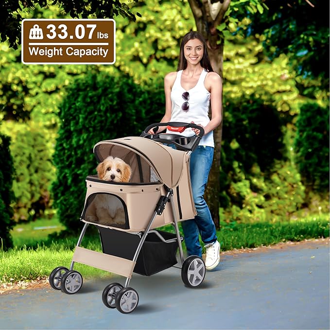 Pet Stroller, 4 Wheels Pet Strolling Cart for Medium/Small Dogs and Cats, Khaki