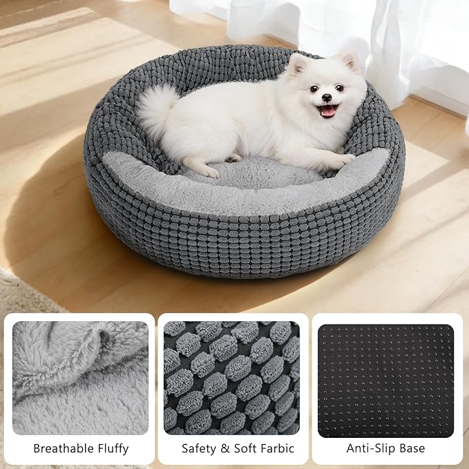 SIWA MARY Small Dog Bed with Attached Blanket, Cozy Donut Cuddler Anti-Anxiety Hooded Pet Beds Calming Cave Bed, 23inch