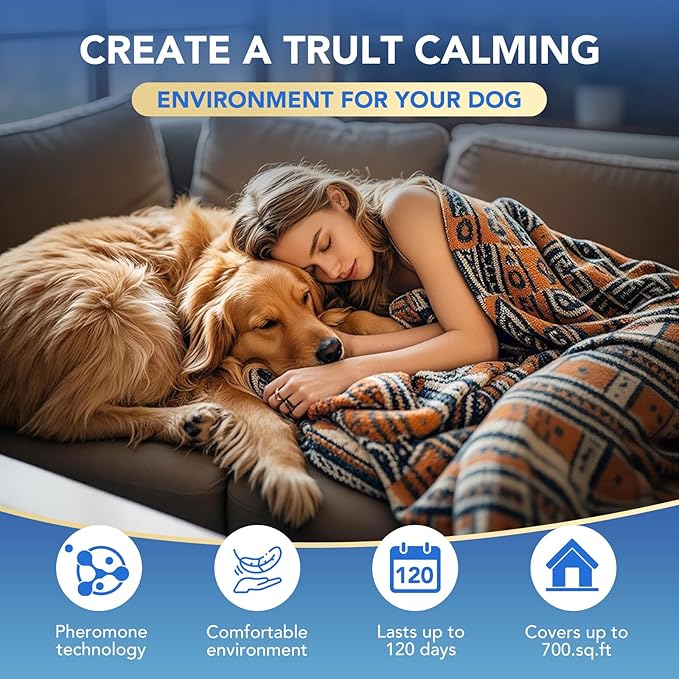 120Day Adanced Dog Calming Diffuser, Calming Pheromones Diffuser Kit Appeasing Pheromone Diffuser to Calm (2Plug in+4Refill+Interactive GiftCard) for Anxiety Separation Aggression Barking Stress