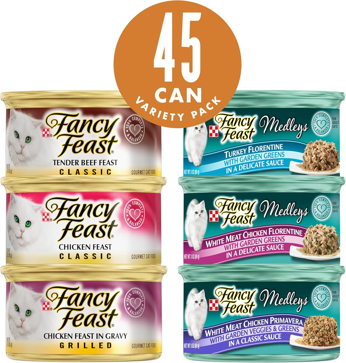 Purina Fancy Feast Wet Cat Food Variety Pack, Poultry & Beef Collection - (Pack of 45) 3 oz. Cans