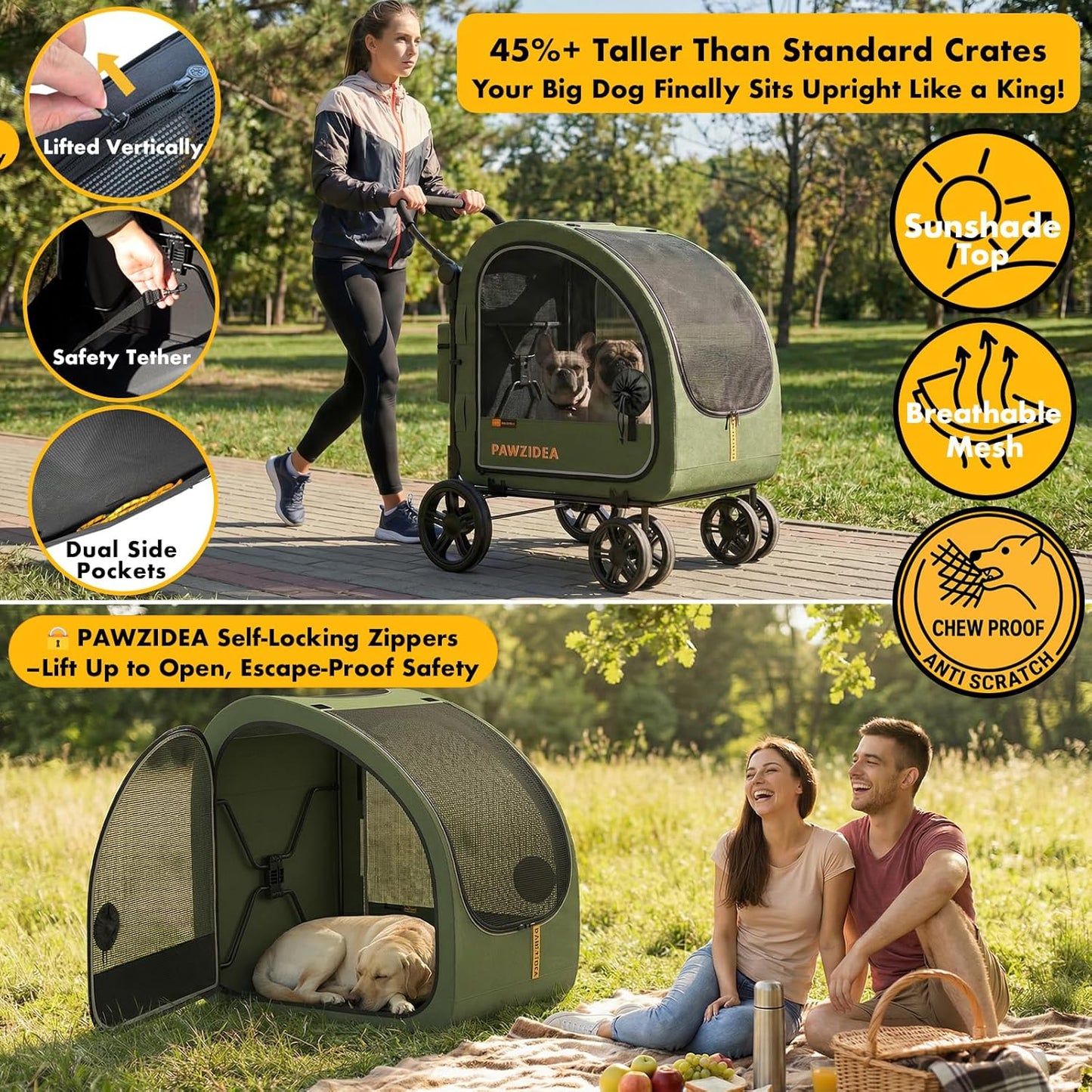 PAWZIDEA 3-in-1 Large Dog Stroller with Detachable Carrier up to 80lbs, Portable Dog Car Crate & Travel Kennel, Foldable Pet Stroller for 2 Medium Dogs, All-Terrain 9” Jogger Wheels, Adjustable Handle