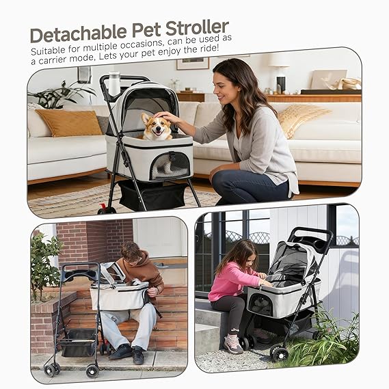 Pet Stroller for Small Dogs and Cats with 4 Wheels, 3 in 1 Foldable Dog Stroller with Detachable Carrier, Breathable Mesh, Storage Basket & Cup Holder, Up to 33 lbs