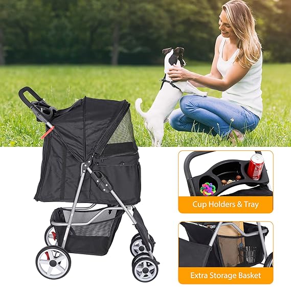 Pet Stroller for Dogs, Black 4 Wheels Cat Strolling Cart Foldable Travel Carrier