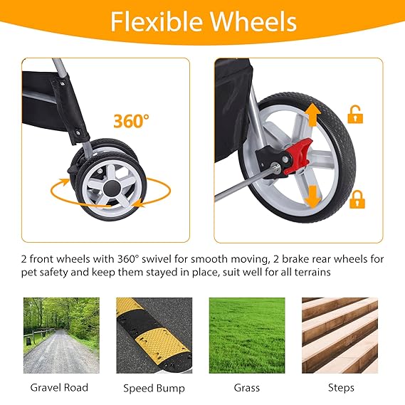 Pet Stroller for Dogs, Black 4 Wheels Cat Strolling Cart Foldable Travel Carrier