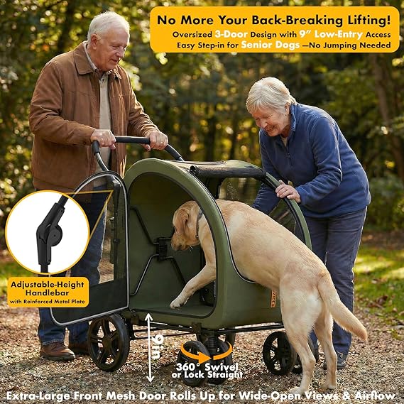 PAWZIDEA 3-in-1 Large Dog Stroller with Detachable Carrier up to 80lbs, Portable Dog Car Crate & Travel Kennel, Foldable Pet Stroller for 2 Medium Dogs, All-Terrain 9” Jogger Wheels, Adjustable Handle