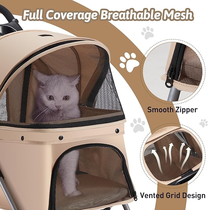 Pet Stroller, 4 Wheels Pet Strolling Cart for Medium/Small Dogs and Cats, Khaki