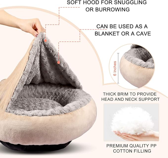 GASUR Small Dog & Cat Bed, 23'' Donut Pet Bed Mat with Hooded Blanket, Anti-Anxiety up to 20lbs