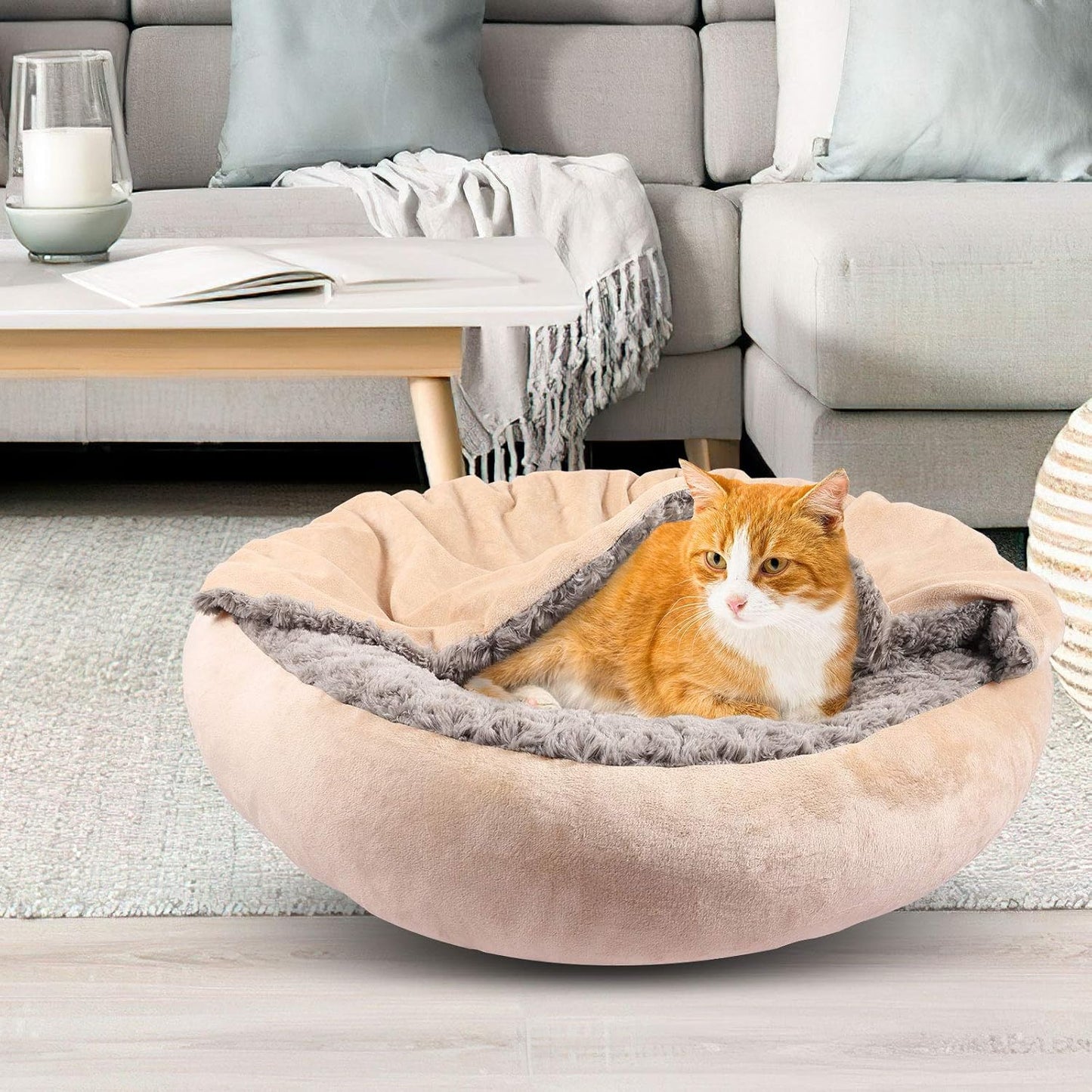 GASUR Small Dog & Cat Bed, 23'' Donut Pet Bed Mat with Hooded Blanket, Anti-Anxiety up to 20lbs
