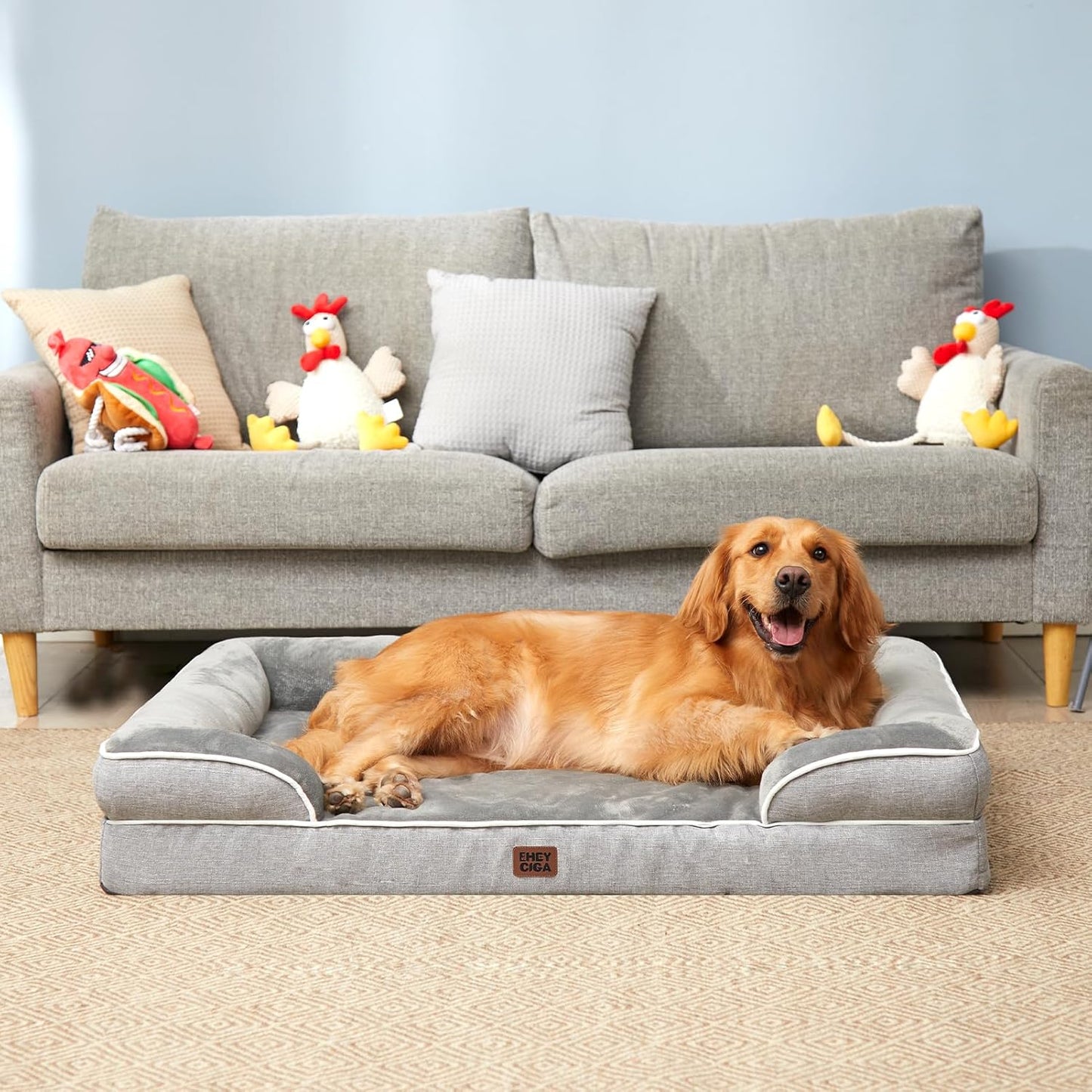 EHEYCIGA Orthopedic Dog Beds for Extra Large Dogs 44x32Inch, Waterproof Memory Foam XL Pet Bed with Sides, Grey