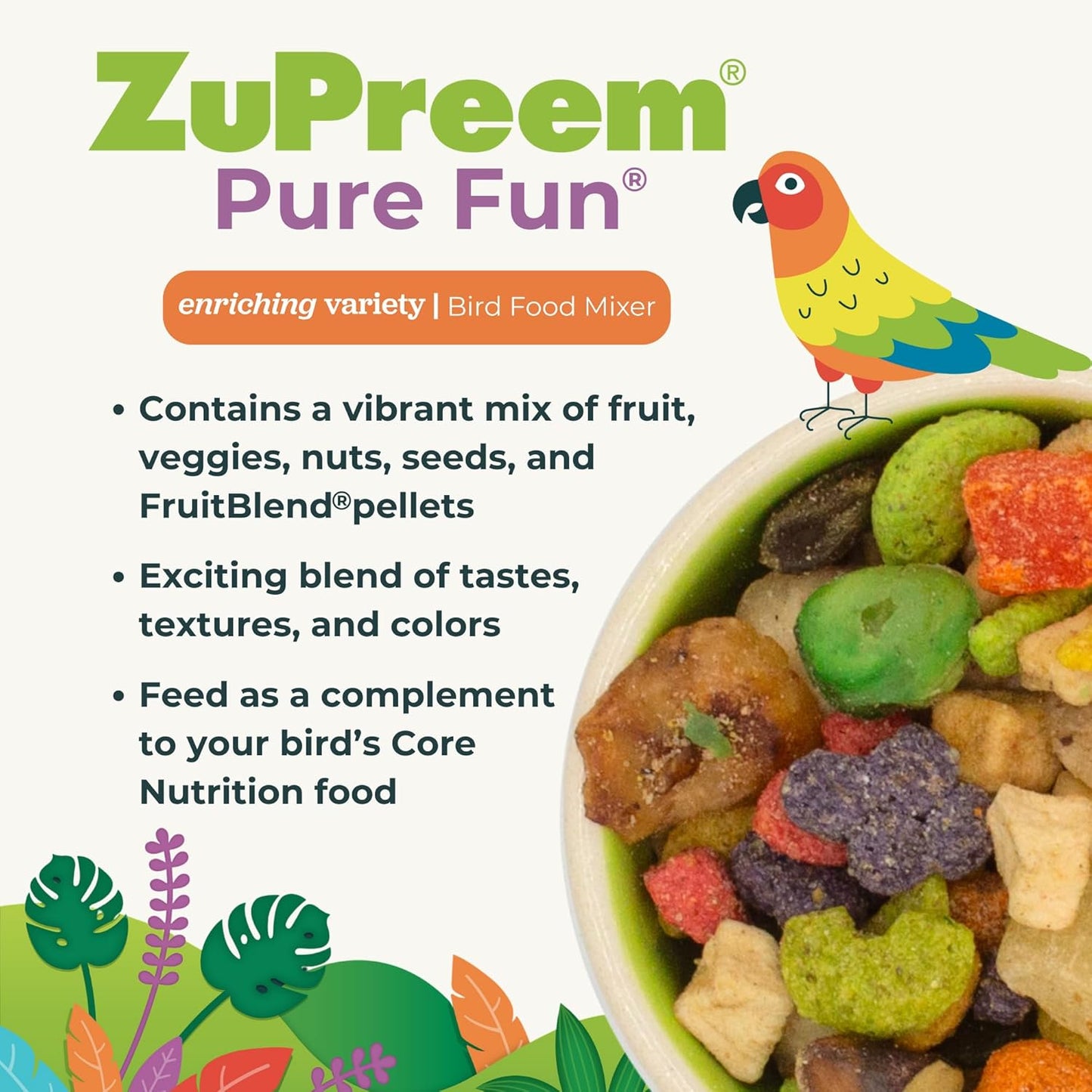 ZuPreem Pure Fun Bird Food, Cockatoo, Macaw, Seed and Pellet Blend for Large Birds, (L, 2 lbs)