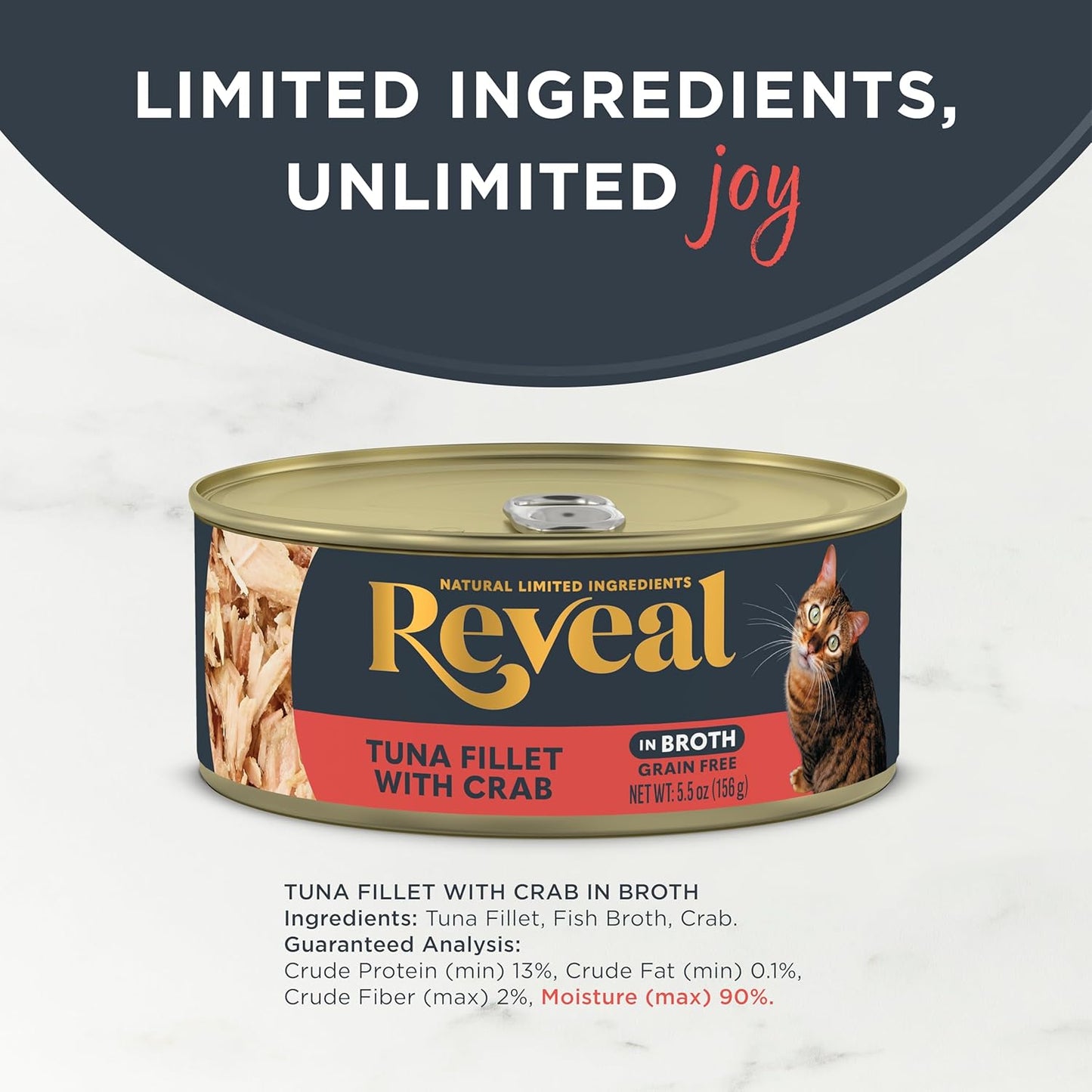 Reveal Natural Wet Cat Food, 12 Count, Grain Free,5.5 oz Cans,Limited Ingredient Canned Food for Cats, Tuna Fillet with Crab