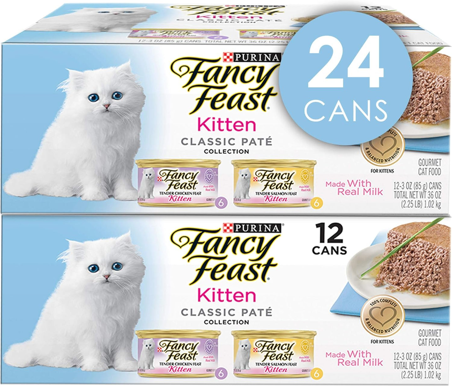 Purina Fancy Feast Grain Free Pate Wet Kitten Food Variety Pack, Kitten Classic Pate Collection Chicken & Salmon - (2 Packs of 12) 3 oz. Cans