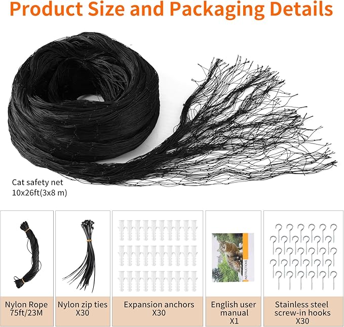 Cat Balcony Rail Net, 10 x 26 ft Cat Anti-Fall Netting