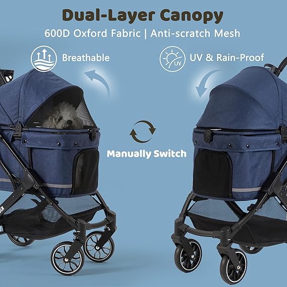 All-Terrain Dog Stroller for Small to Medium Dogs, Waterproof Canopy & Breathable Mesh, Midnight Blue