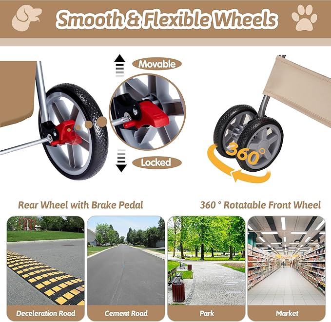 Pet Stroller, 4 Wheels Pet Strolling Cart for Medium/Small Dogs and Cats, Khaki