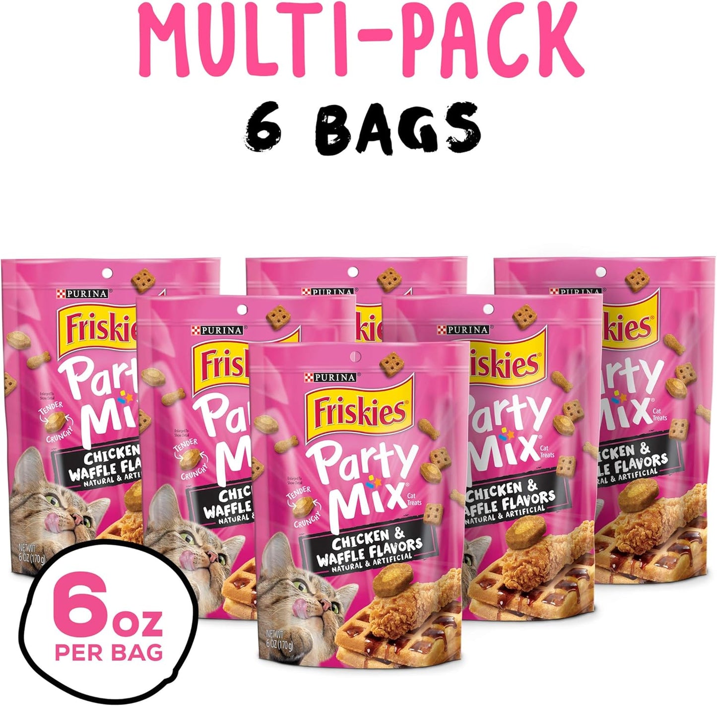 Purina Friskies Made in USA Facilities Cat Treats, Party Mix Chicken & Waffle Flavors - (Pack of 6) 6 oz. Pouches