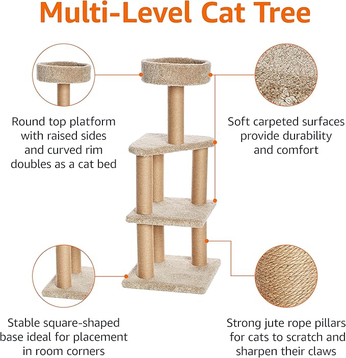 Basics Cat Tree Tower - Multi-Level Climbing Activity Center for Indoor Cats & Kittens with Scratching Posts, Platform, Jute Rope, Large (45.9"H), Beige