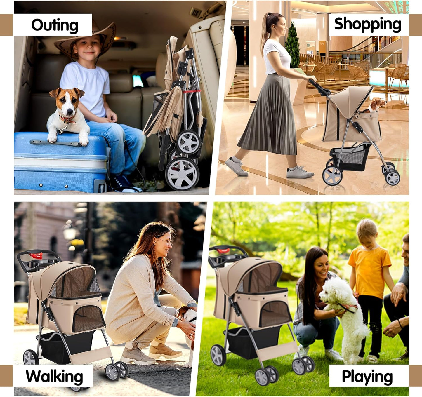 Pet Stroller, 4 Wheels Pet Strolling Cart for Medium/Small Dogs and Cats, Khaki