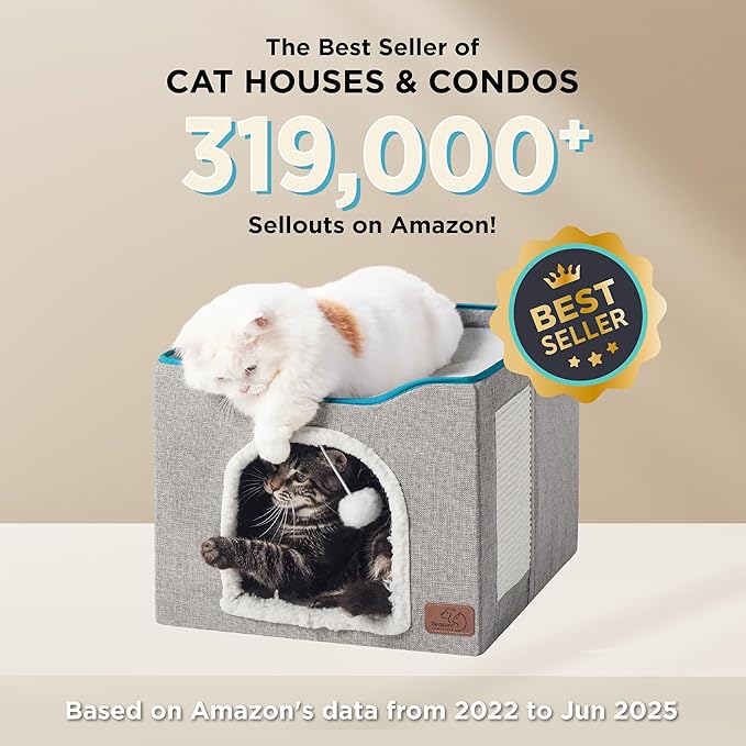 Bedsure Cat Beds for Indoor Cats - Large Cat Cave for Pet Cat House with Fluffy Ball Hanging and Scratch Pad, Foldable Cat Hideaway, 16.5x16.5x13 inches