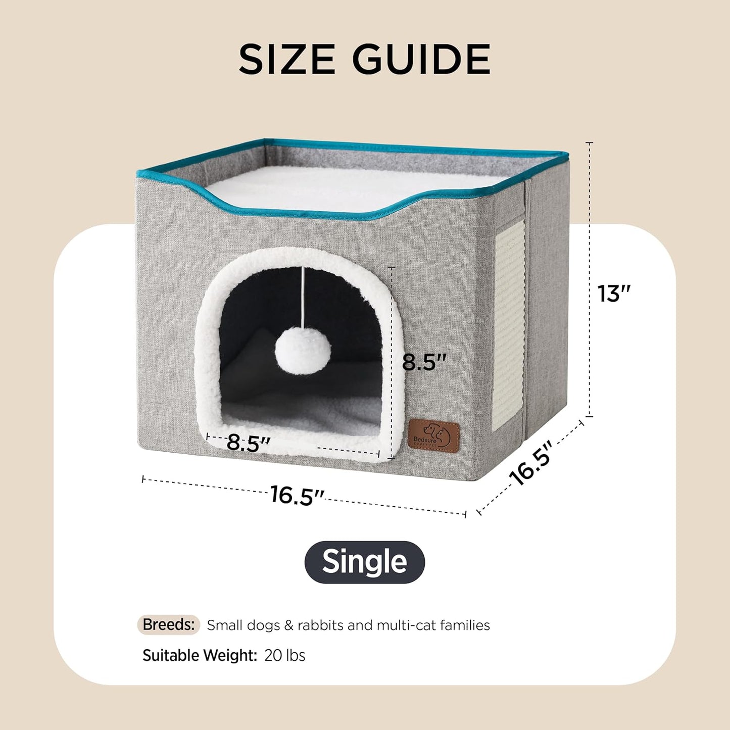 Bedsure Cat Beds for Indoor Cats - Large Cat Cave for Pet Cat House with Fluffy Ball Hanging and Scratch Pad, Foldable Cat Hideaway, 16.5x16.5x13 inches