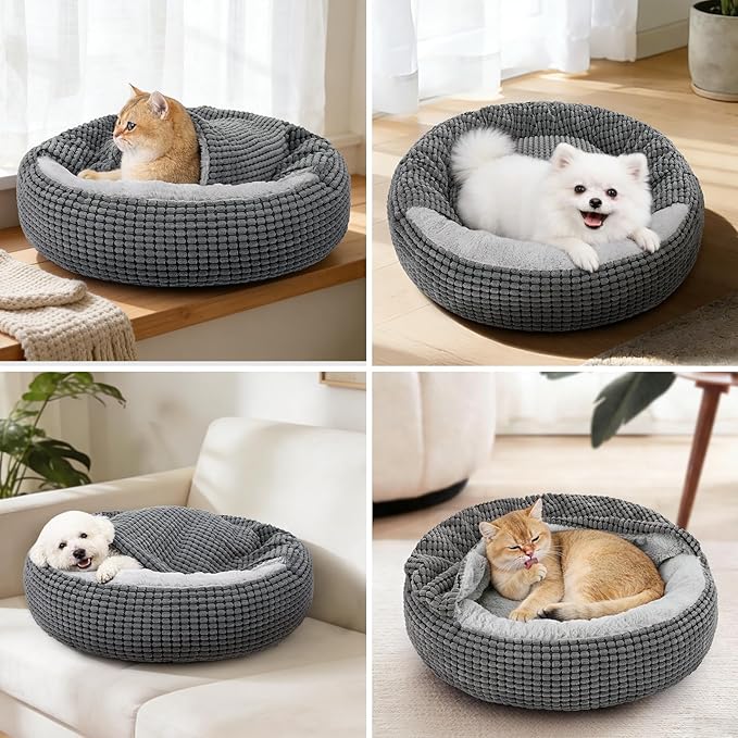 SIWA MARY Small Dog Bed with Attached Blanket, Cozy Donut Cuddler Anti-Anxiety Hooded Pet Beds Calming Cave Bed, 23inch