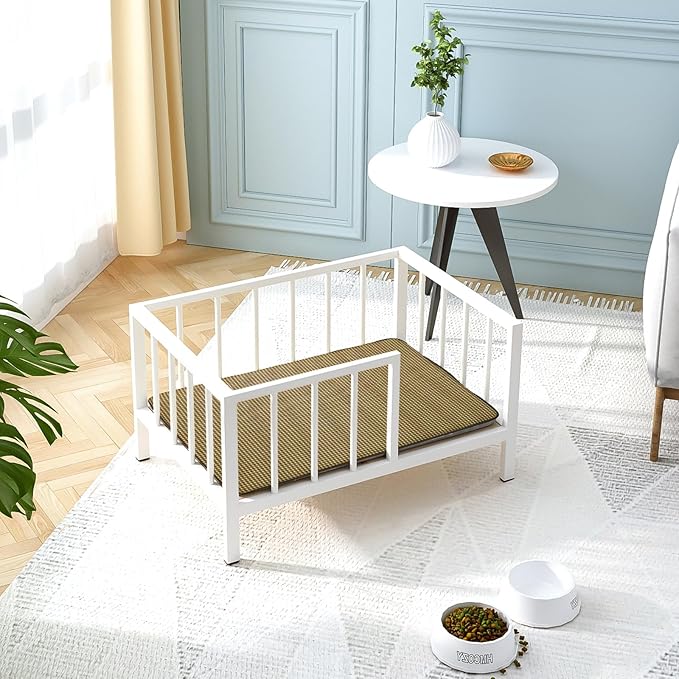 Dog Bed with Rails - Elevated Pet Metal Bed Frame, 21.3" x 30 ", White
