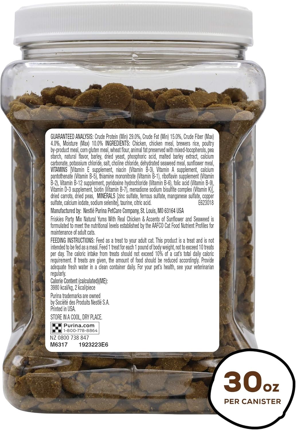 Purina Friskies Natural Cat Treats, Party Mix Natural Yums With Real Chicken & Vitamins, Minerals & Nutrients - 30 oz. Canister