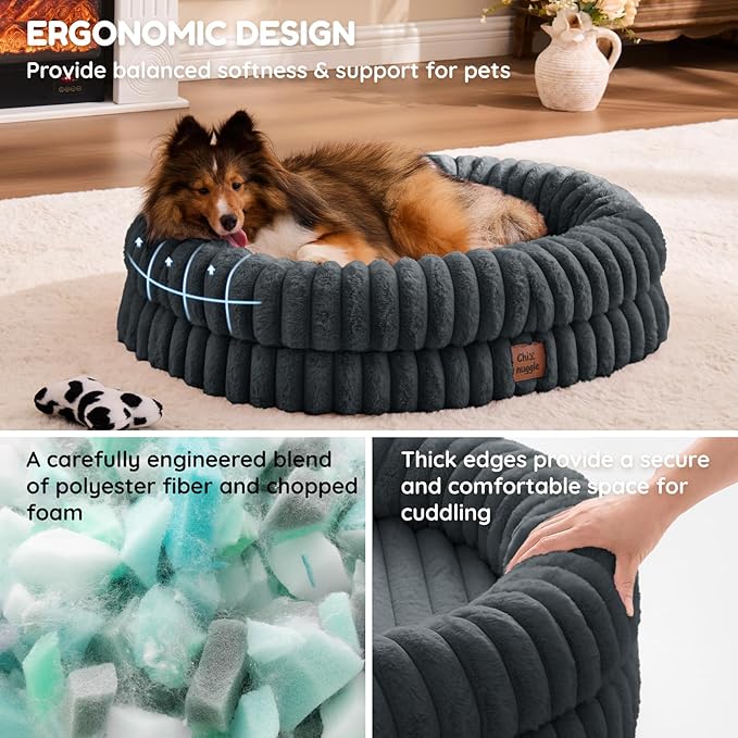 Dog Bed Medium Sized Dog - Luxury Striped Faux Fur Waterproof Pet Couch with Removable Washable Cover