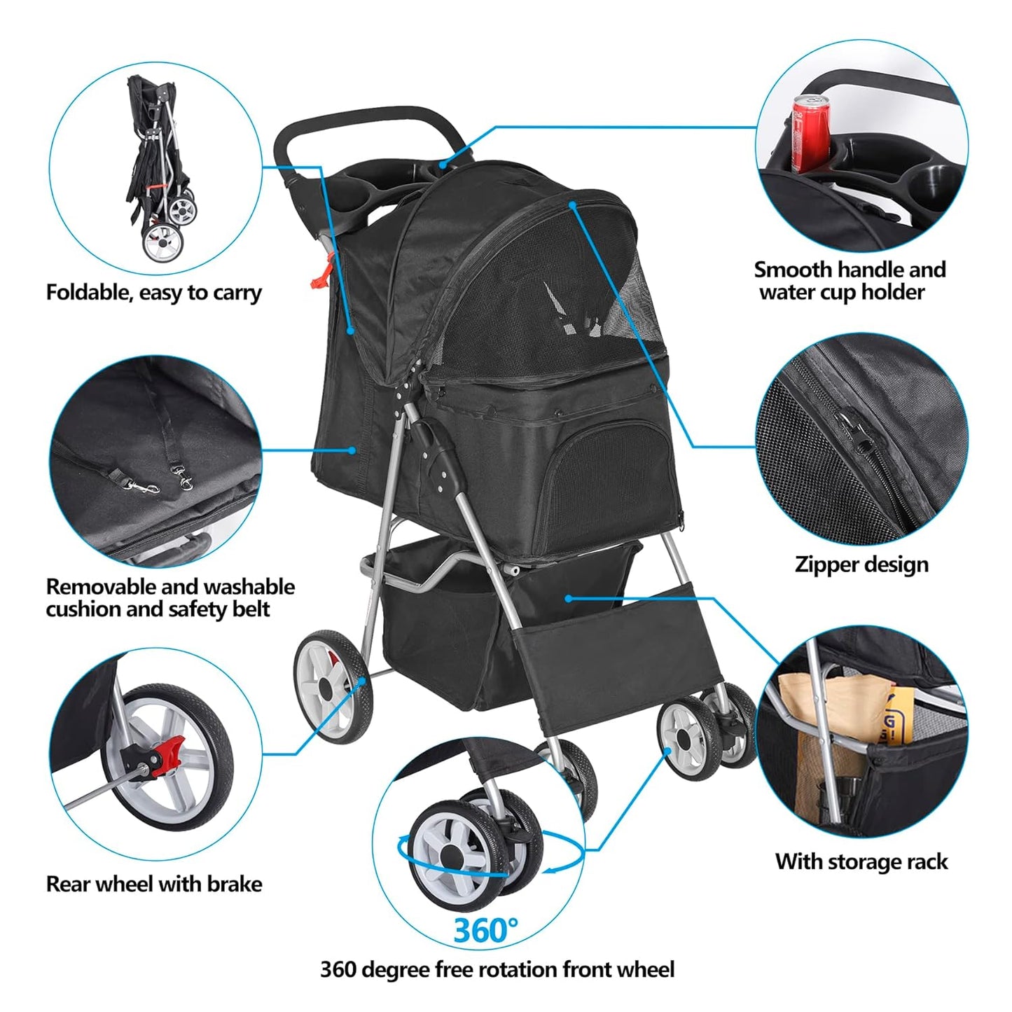 Pet Stroller for Dogs, Black 4 Wheels Cat Strolling Cart Foldable Travel Carrier
