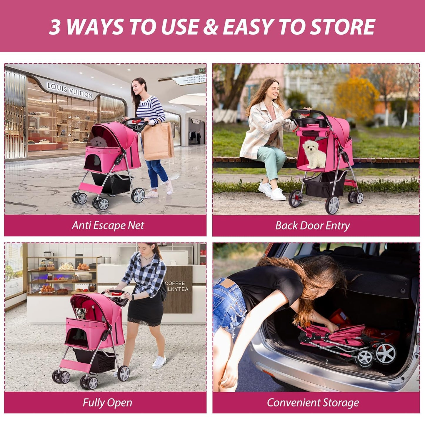 4 Wheels Pet Stroller for Small Medium Dogs Cats 10-33 lbs, Pink