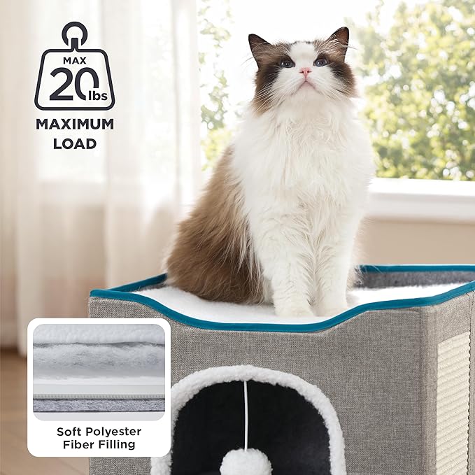 Bedsure Cat Beds for Indoor Cats - Large Cat Cave for Pet Cat House with Fluffy Ball Hanging and Scratch Pad, Foldable Cat Hideaway, 16.5x16.5x13 inches