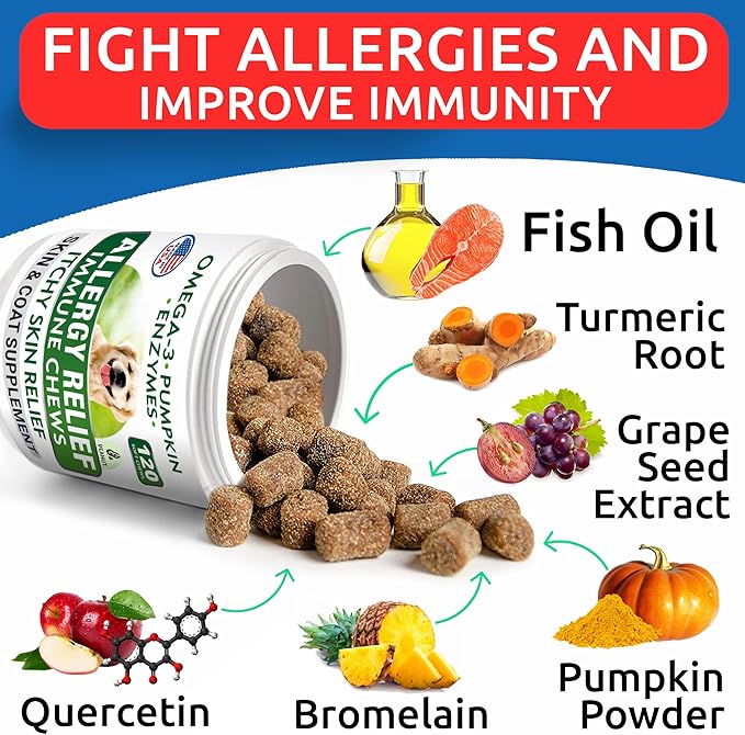 Allergy Relief Dog Treats - Itchy Skin Relief - 300 Chews - Peanut Butter + Chicken Flavor - Made in USA