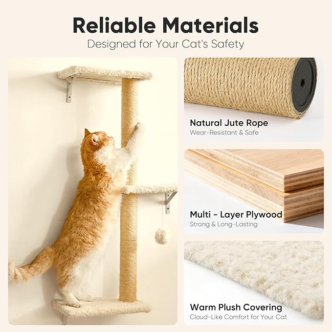 FUKUMARU Cat Wall Shelves, Stable & Safe 4 in 1 Cat Walls Furniture Set- Beige
