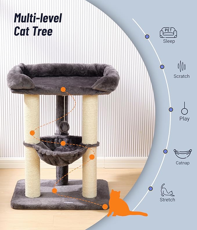 Happi N Pets 28" Cat Tree Tower, Tall Cat Scratching Post with Soft Perch for Window Viewing, Large Bed for Big Cats, Stable & Compact Cat Tower with Hammock, Removable Cover-Gray