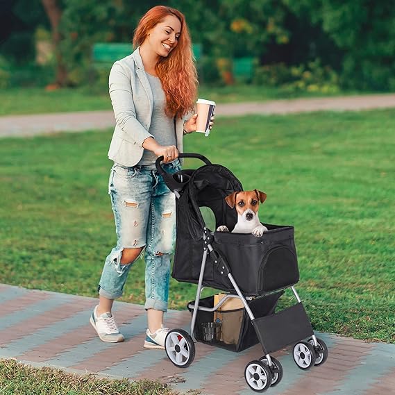 Pet Stroller for Dogs, Black 4 Wheels Cat Strolling Cart Foldable Travel Carrier
