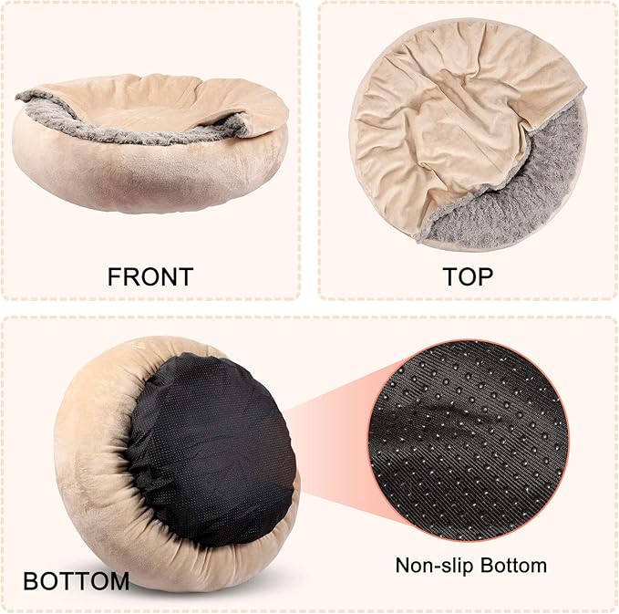 GASUR Small Dog & Cat Bed, 23'' Donut Pet Bed Mat with Hooded Blanket, Anti-Anxiety up to 20lbs