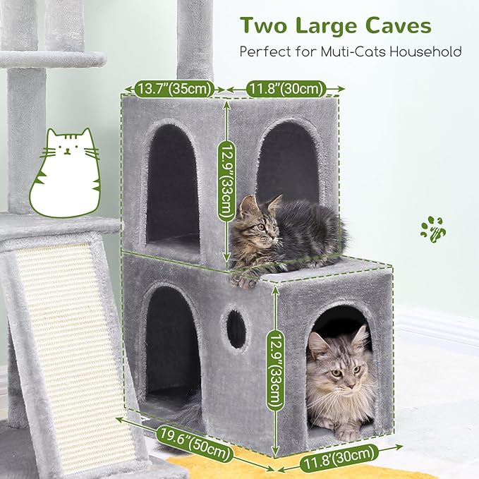 Globlazer Cat Tower for Indoor Adult Cats, 50-inch Heavy Duty Cat Tree House for Big Cats with Extra-Large Padded Platform, Sisal Scratching Board, 2 Large Condos, F50, Light Grey