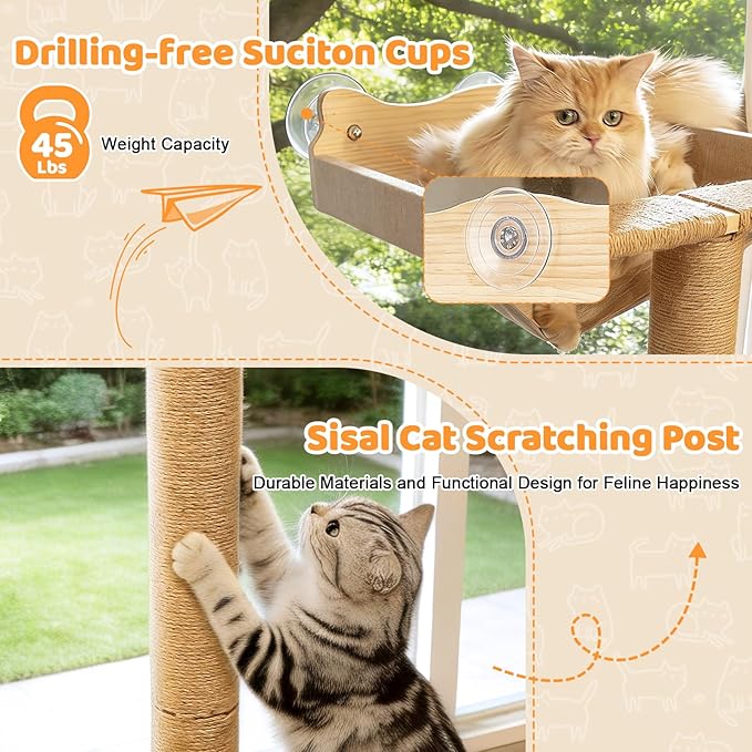 Cat Window Perch with 3 Adjustable Sisal Scratching Posts, Drill-Free Suction Cups, 45 lbs Capacity