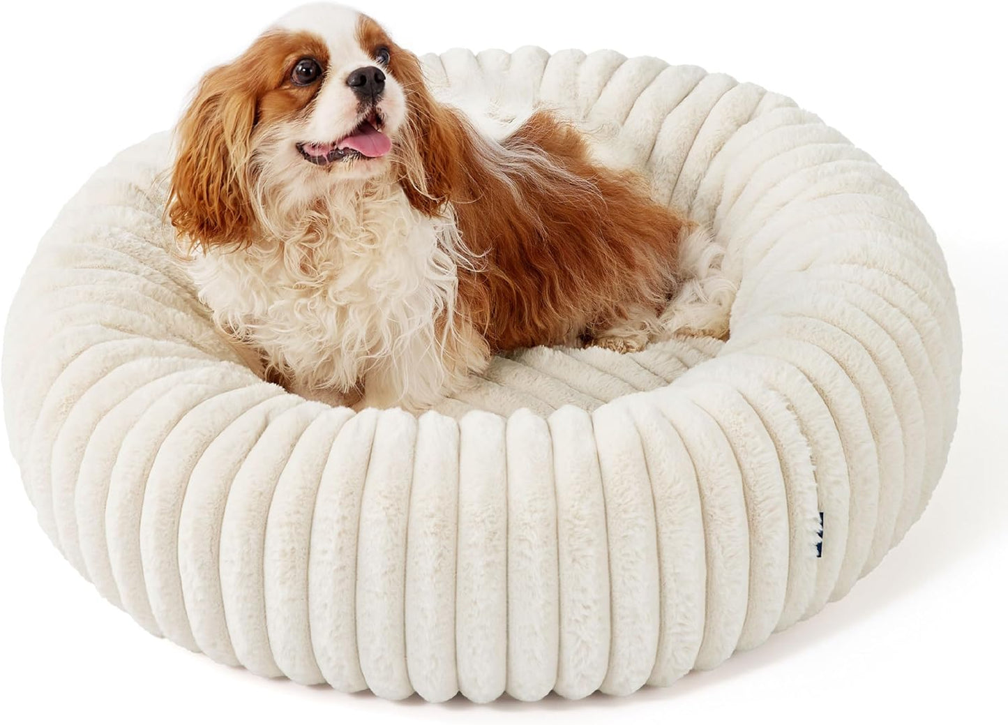 Bedsure ComfyFleece™ Donut Medium Dog Bed - Washable Faux Fur with Corduroy Fleece & Anti Slip Bottom, Round Pet Bed with Removable Cover, Cream, 30x30x8 inches