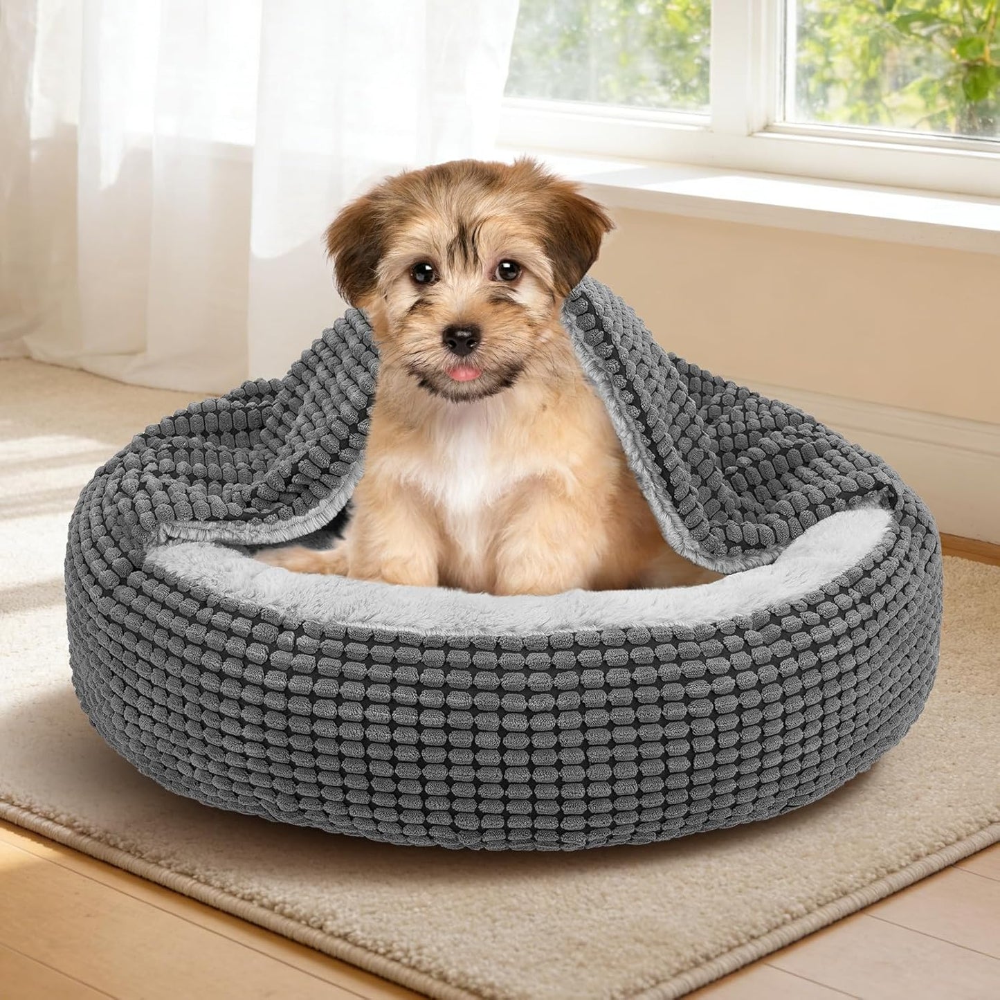 SIWA MARY Small Dog Bed with Attached Blanket, Cozy Donut Cuddler Anti-Anxiety Hooded Pet Beds Calming Cave Bed, 23inch
